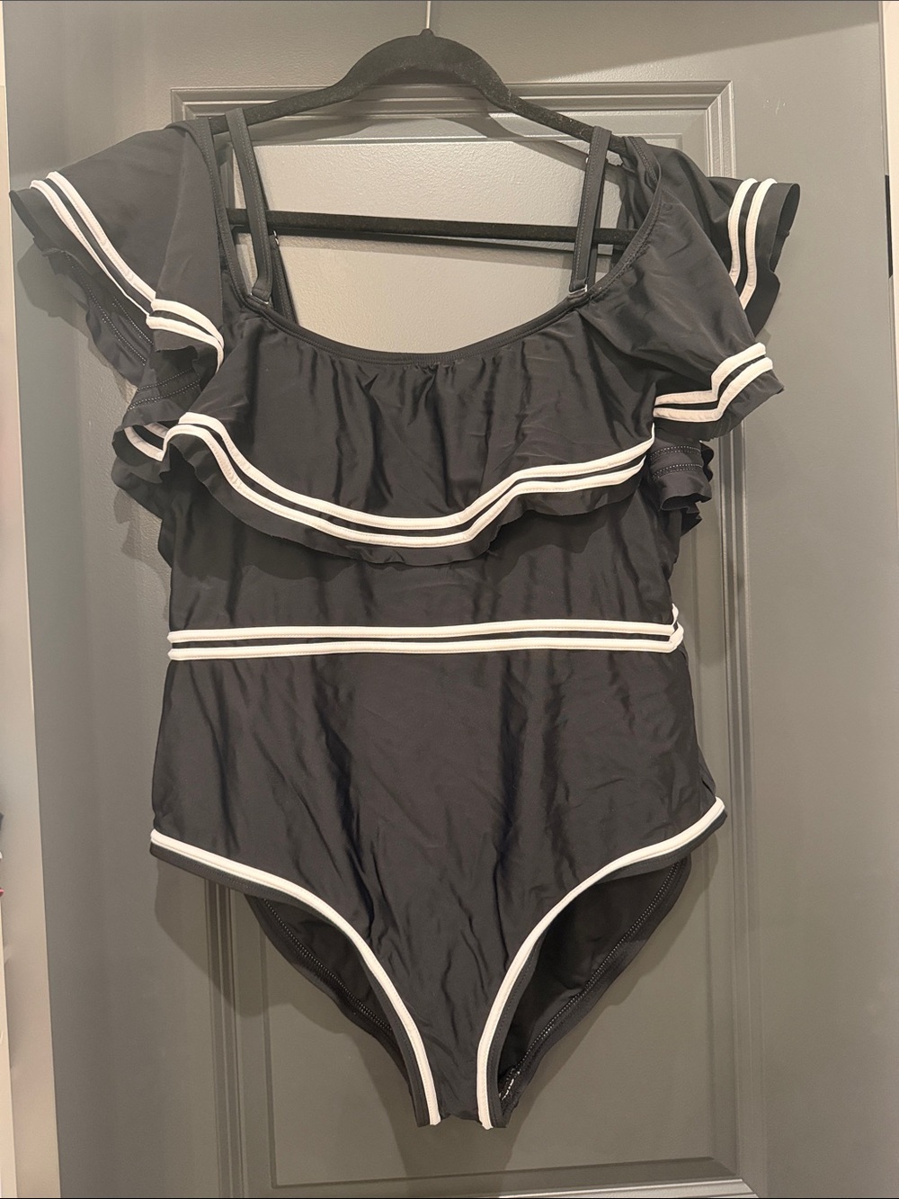 Amazon Black Ruffle Off the Shoulder One-Piece Swimsuit with White Trim